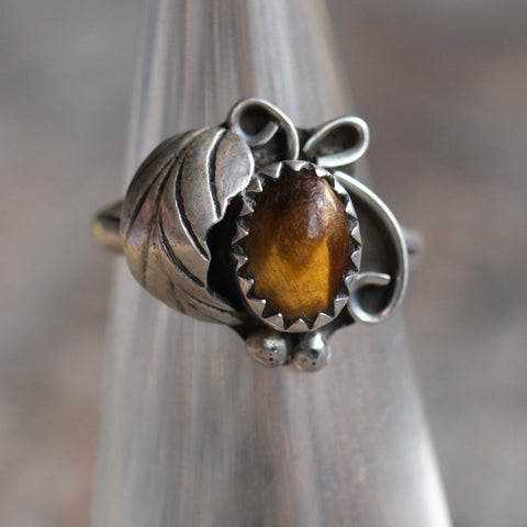Vintage Sterling Tigers Eye Feather Ring 3.25