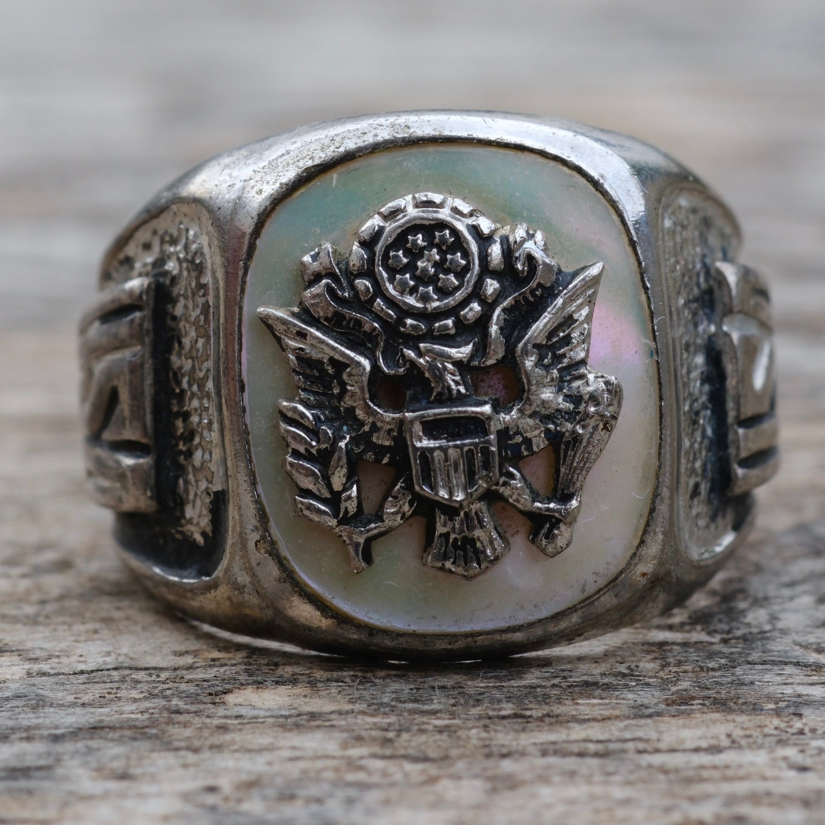 Vintage Sterling USN Abalone Signet Ring 10