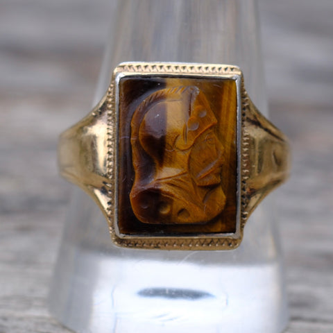 Vintage Sterling and Gold Tigers Eye Signet Ring 10.75