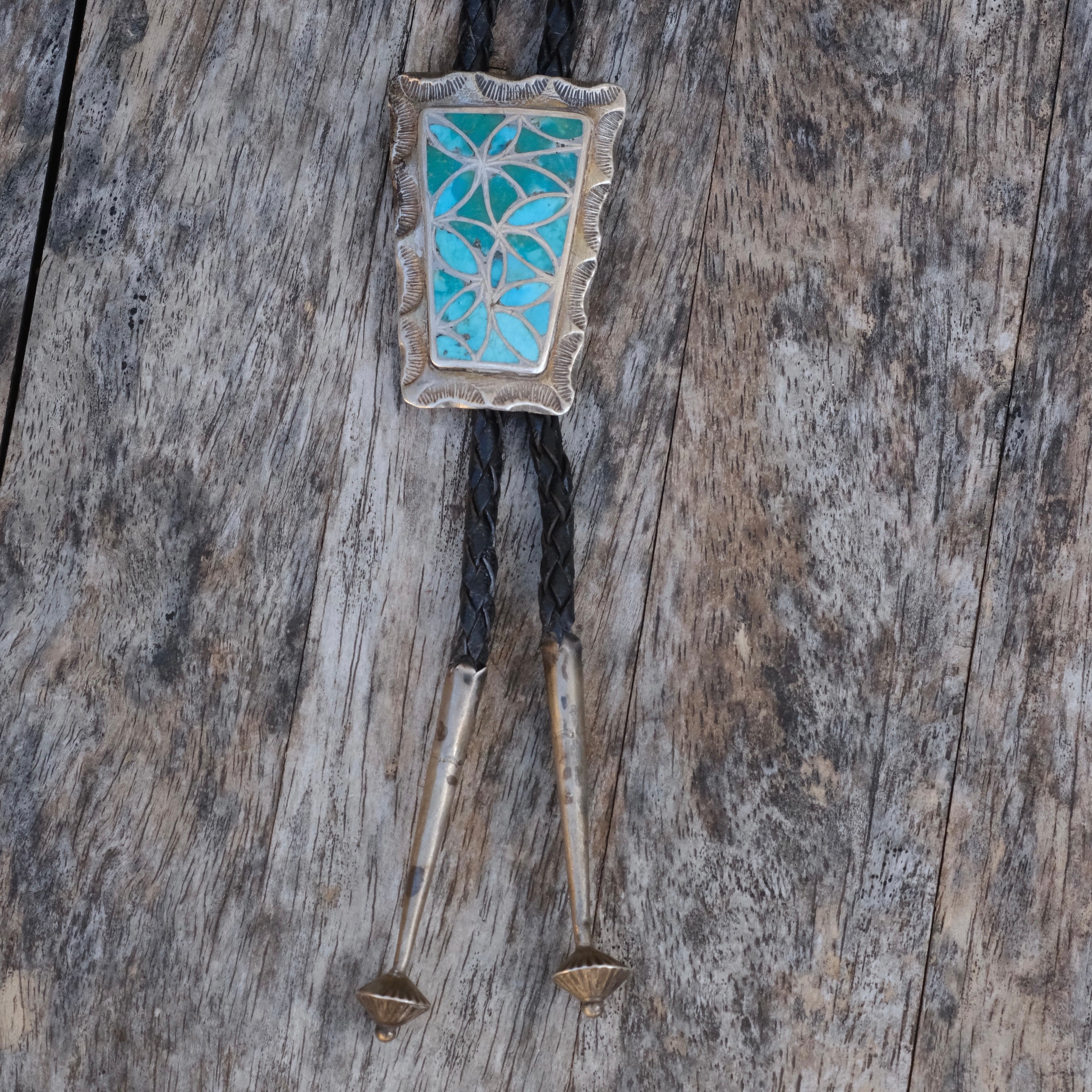 Vintage Sterling Turquoise Inlay Stamped Bolo Tie