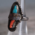 Vintage Sterling Turquoise and Coral Feather Ring 5.25