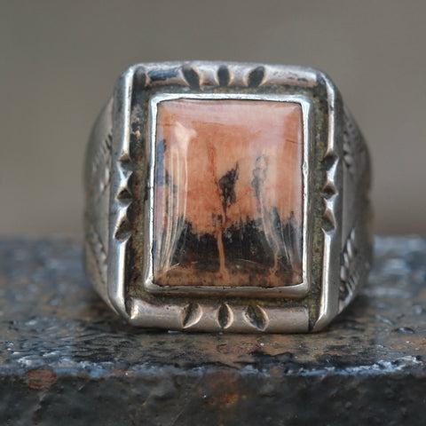 Vintage Sterling Petrified Wood Stamped Band Ring 9