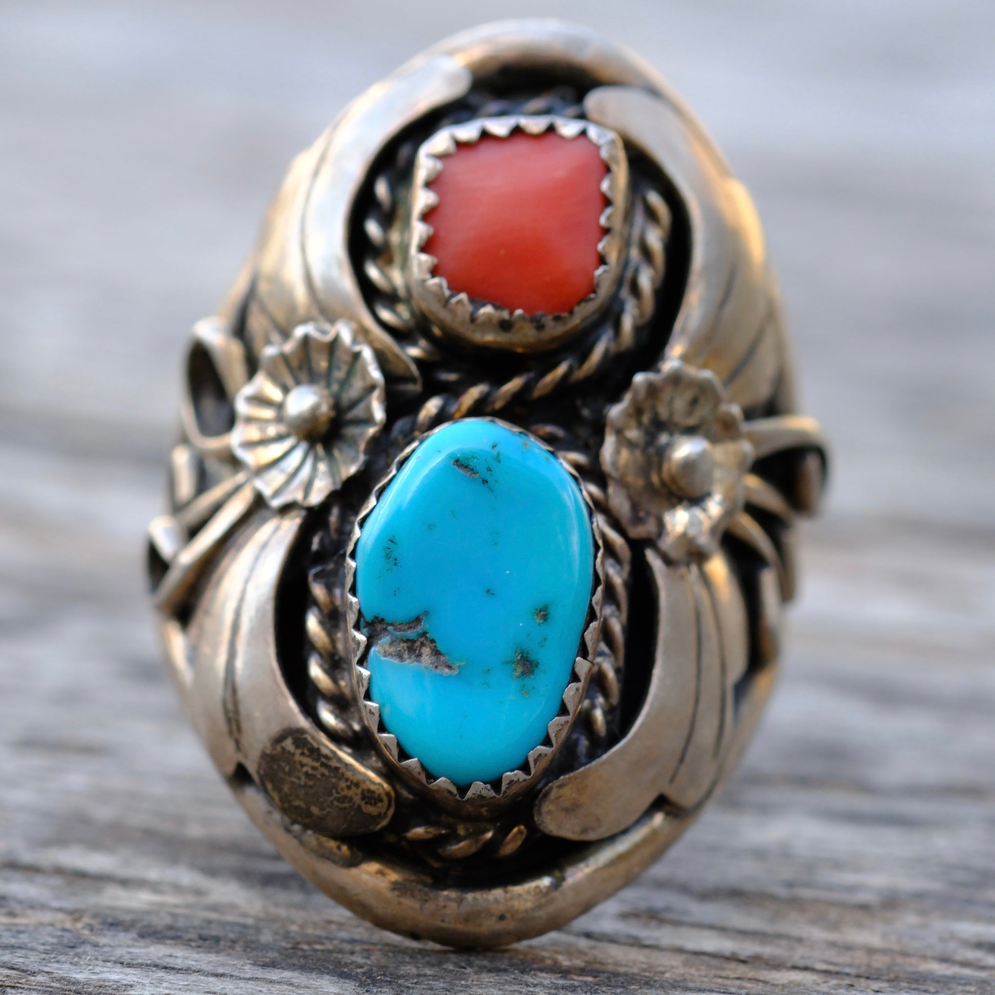 Vintage Sterling Turquoise and Coral Ring 10