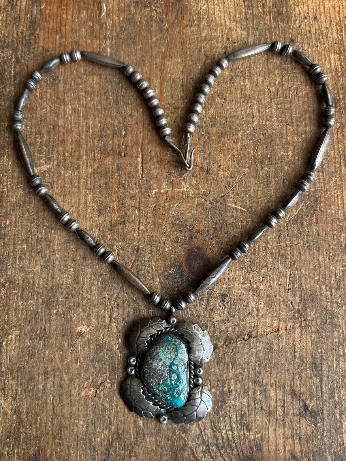 Vintage Turquoise Leaf Sterling Silver Pawn Bead Necklace