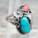 Vintage Sterling Turquoise and Coral Feather Ring 7.5