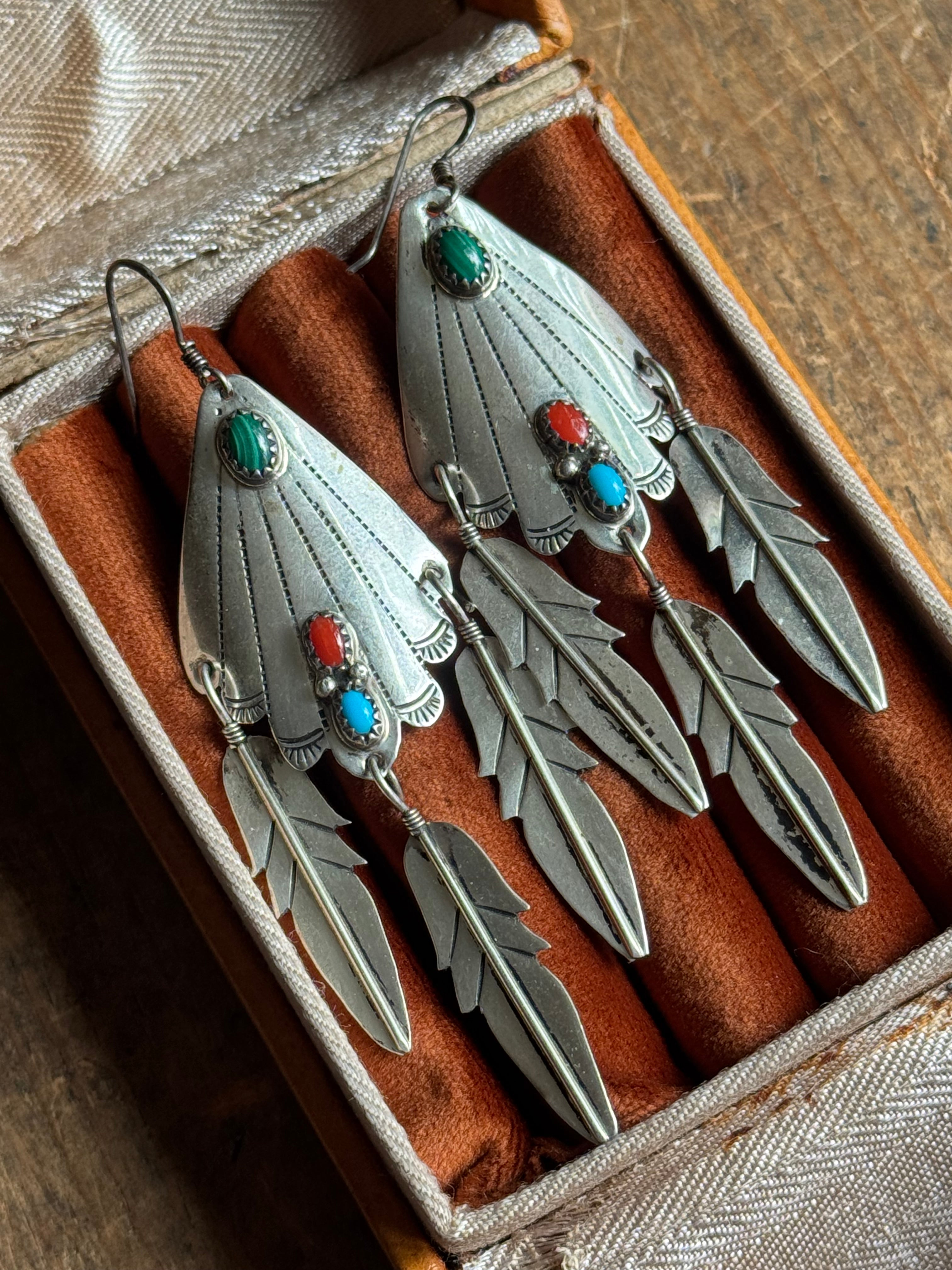 Vintage Sterling Silver Malachite Coral & Turquoise Feather Fan Earrings