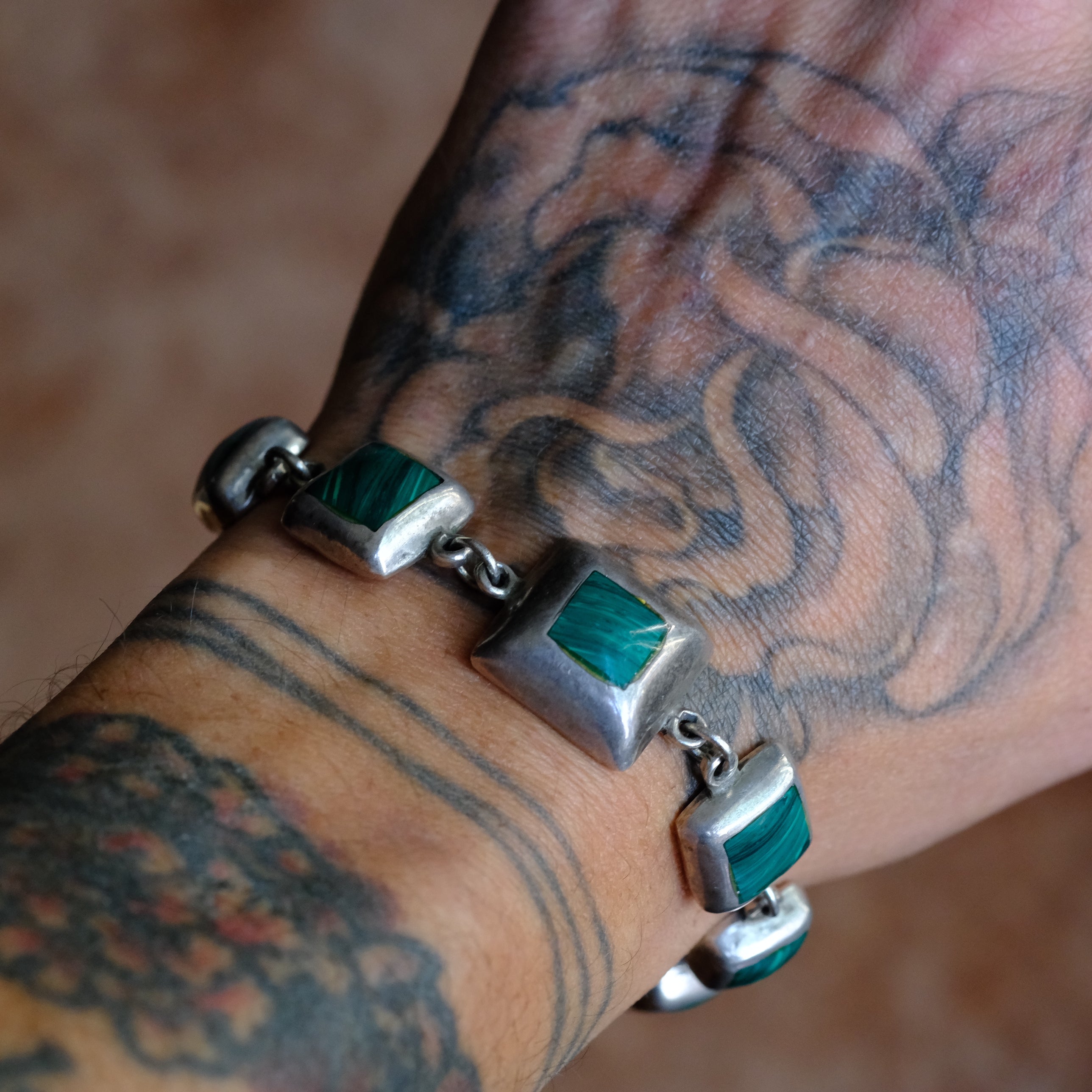 Vintage Sterling Silver Malachite Link Bracelet