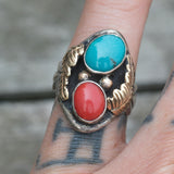 Vintage Sterling Turquoise and Coral Ring 6.25