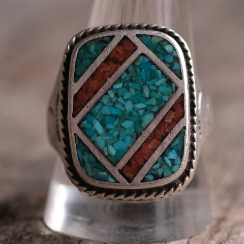 Vintage Sterling Turquoise and Coral Inlay Ring 11.75