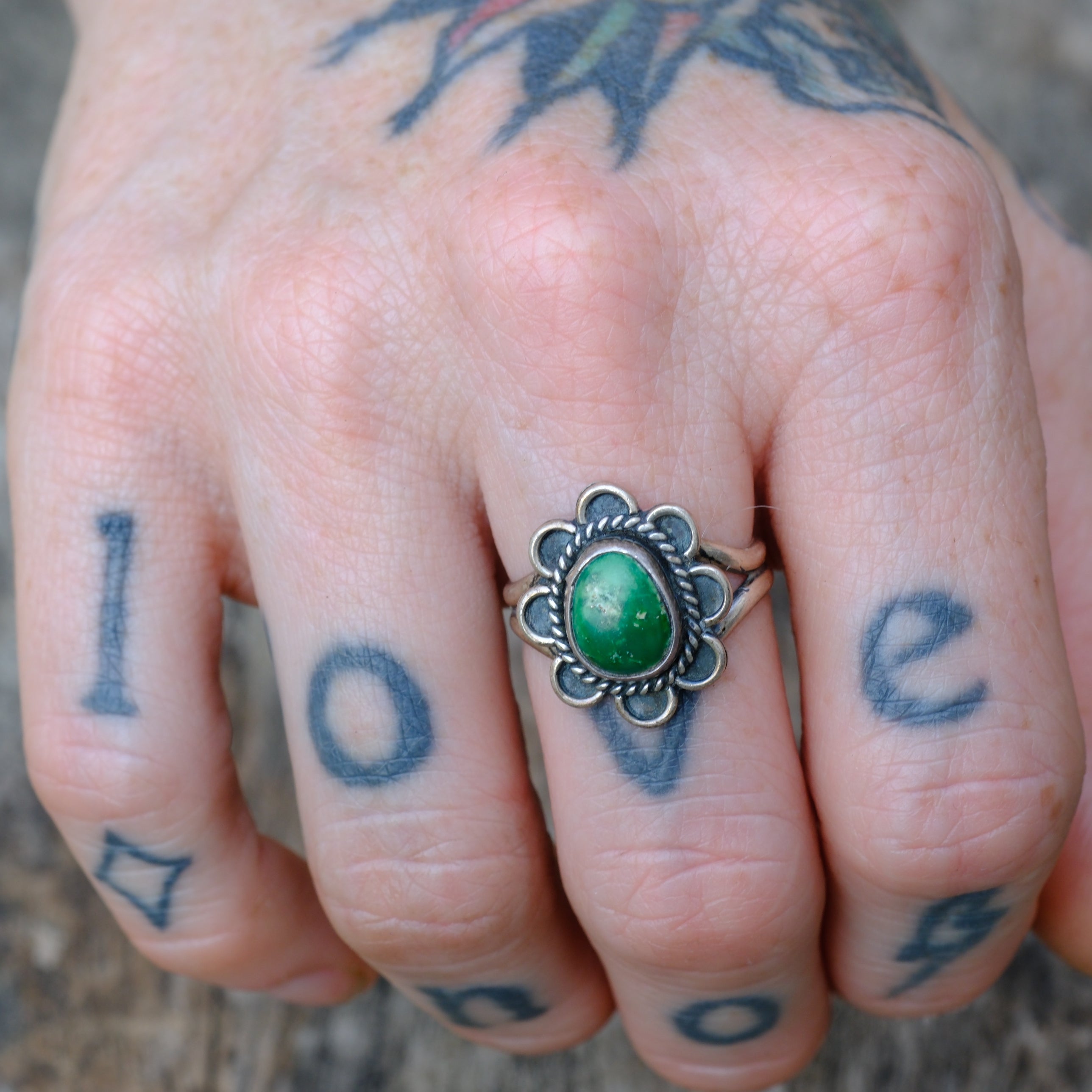 Vintage Sterling Turquoise Florette Ring 7