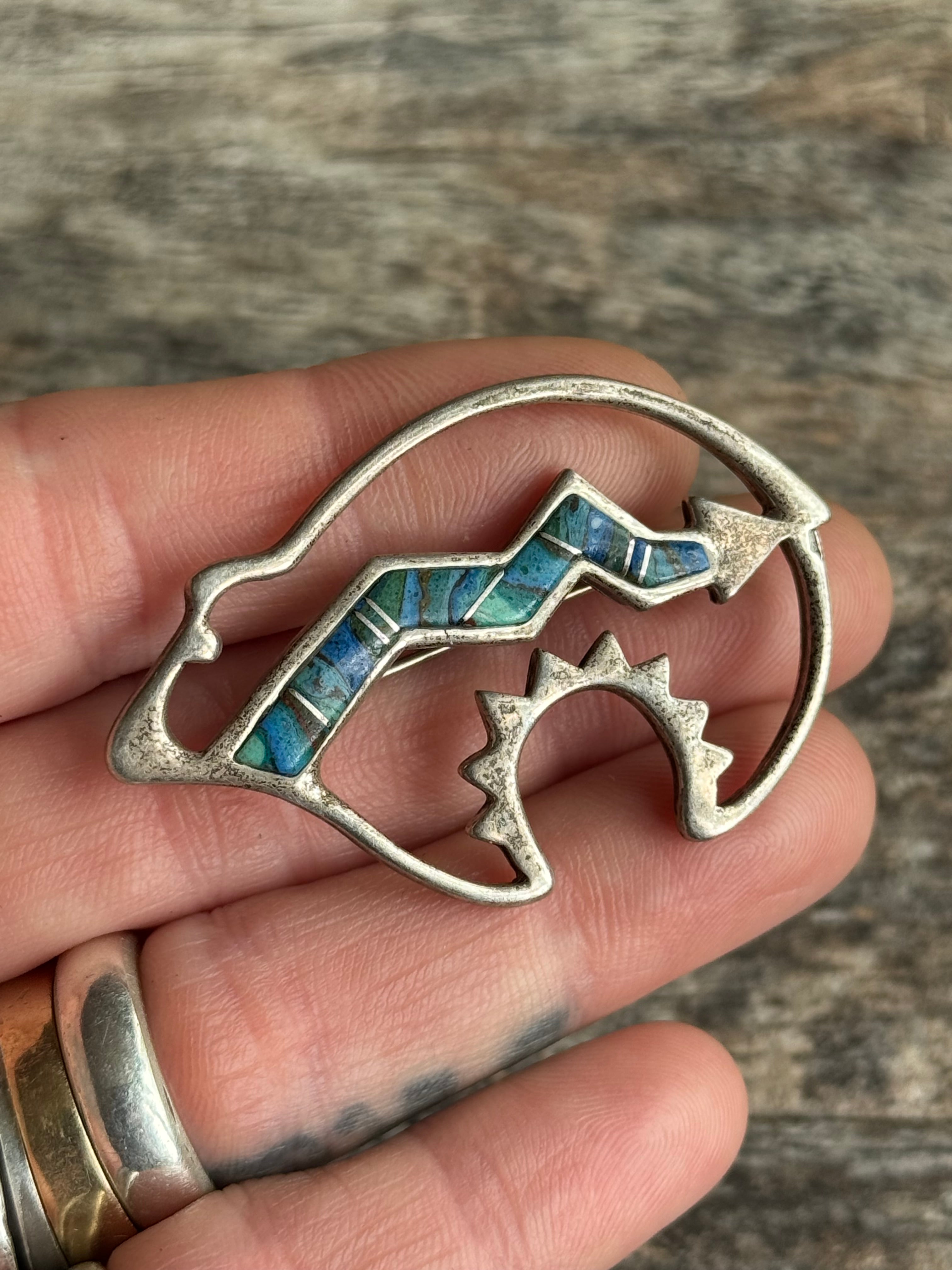Vintage Sterling Silver Multistone Inlay Spirit Bear Pin