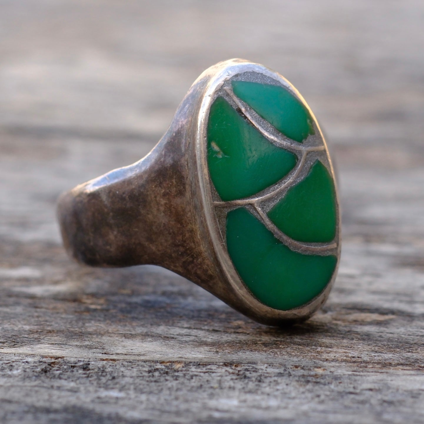 Vintage Sterling Turquoise Inlay Fishscale Ring 6.75