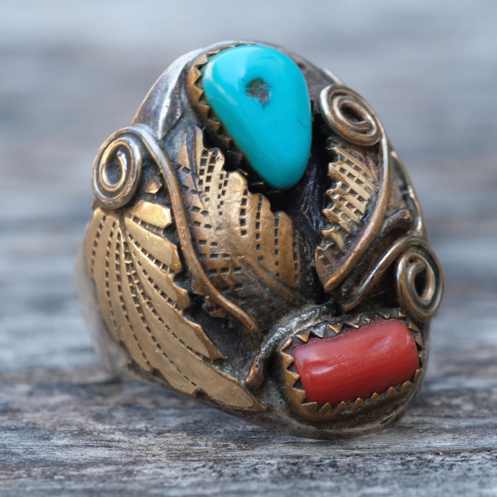 Vintage Sterling And Copper Turquoise Coral Feather Ring 10.5