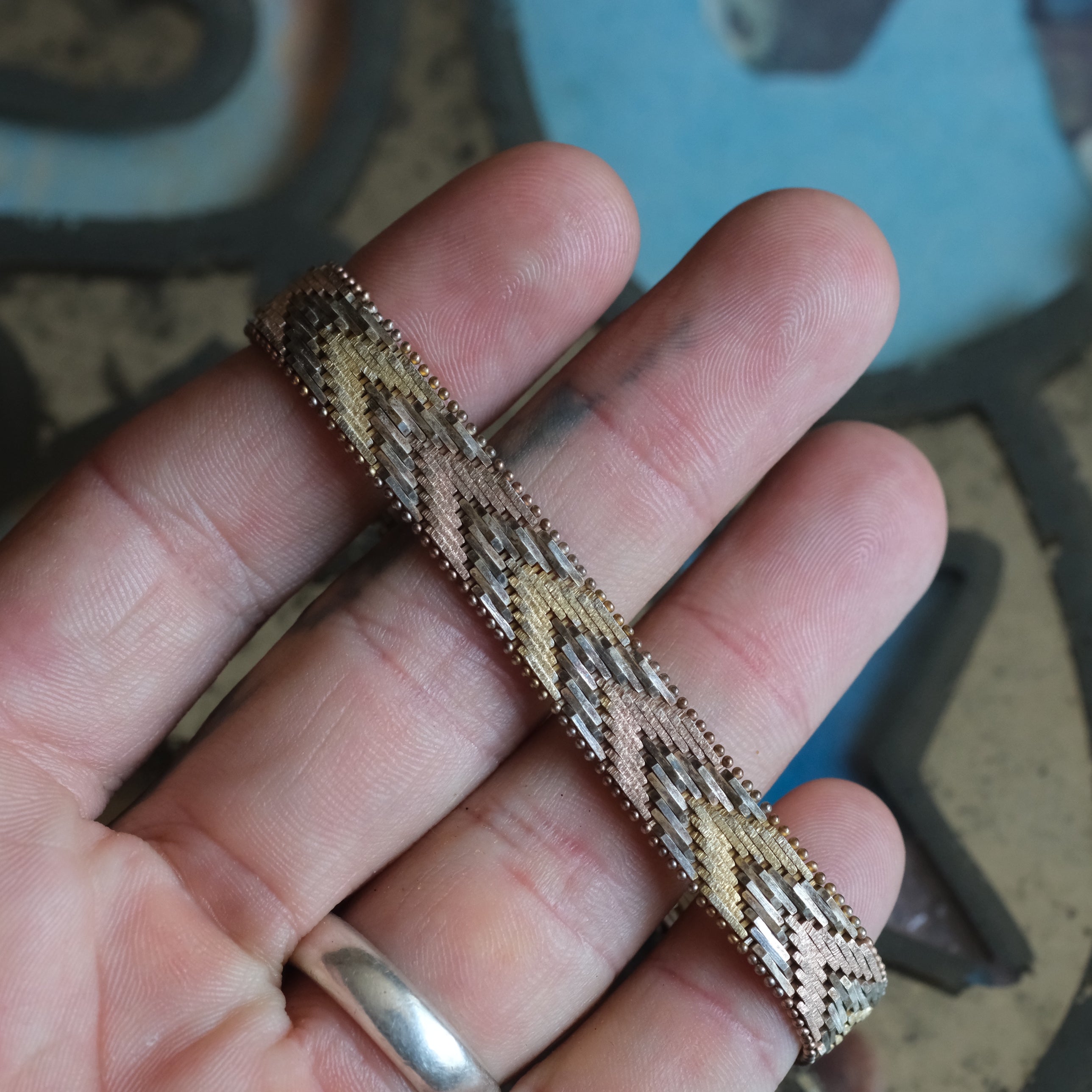 Vintage Sterling Braided Tricolor Chevron Bracelet 7"