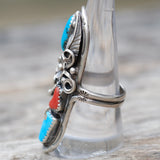 HUGE Vintage Sterling Turquoise and Coral Feather Ring 9.25