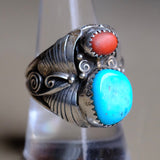 Vintage Sterling Turquoise and Coral Feather Ring 9.5