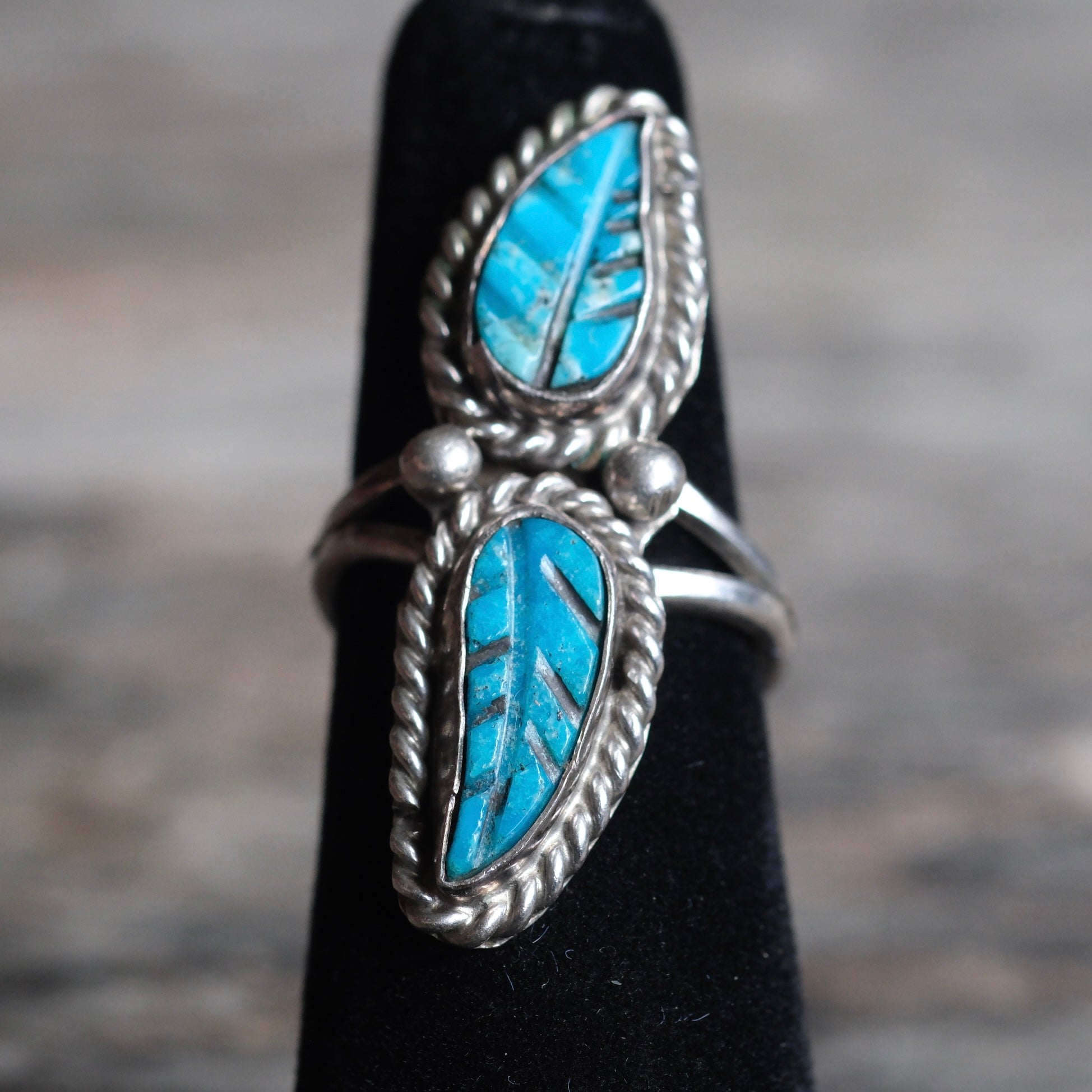 Vintage Sterling Carved 2-Stone Turquoise Ring 5.75