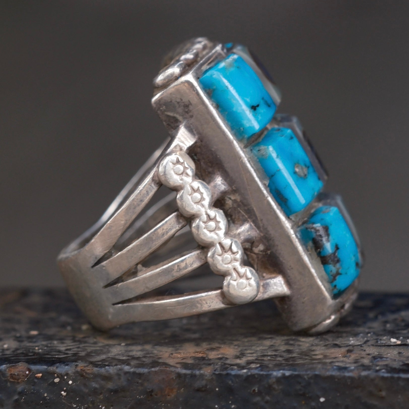 Vintage Sterling Turquoise and Abalone Inlay Panel Ring 9