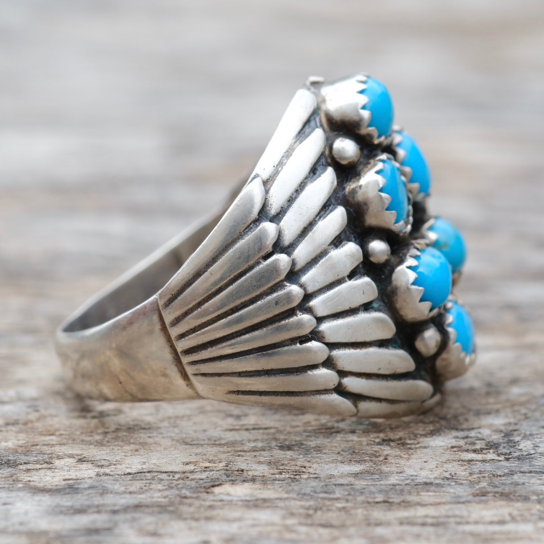 Vintage Sterling 6-Stone Turquoise Ribbed Band Ring 10.75