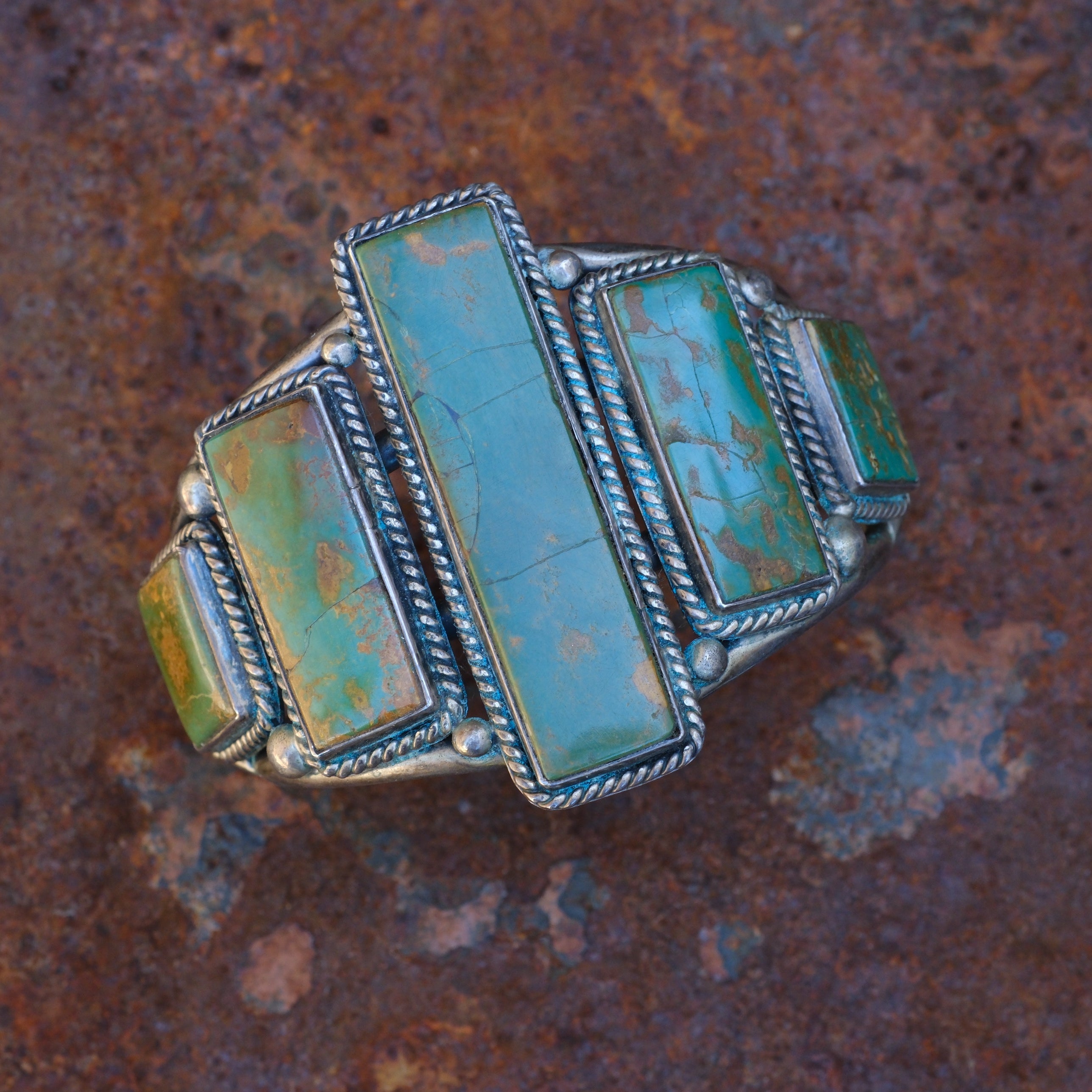 Massive Vintage Sterling 5-Stone Turquoise Roper Cuff Bracelet