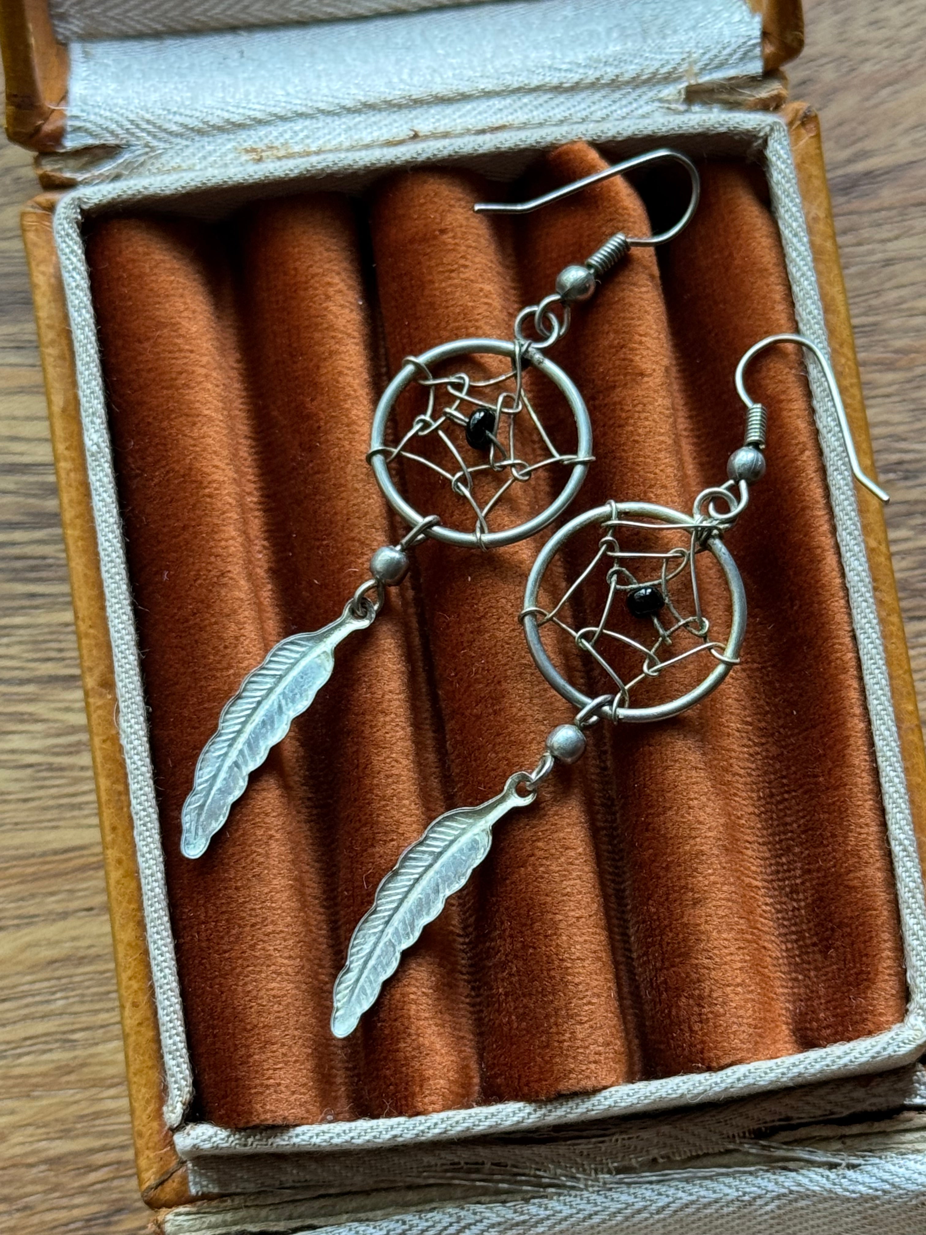 Vintage Sterling Silver Onyx Bead Dreamcatcher Feather Earrings