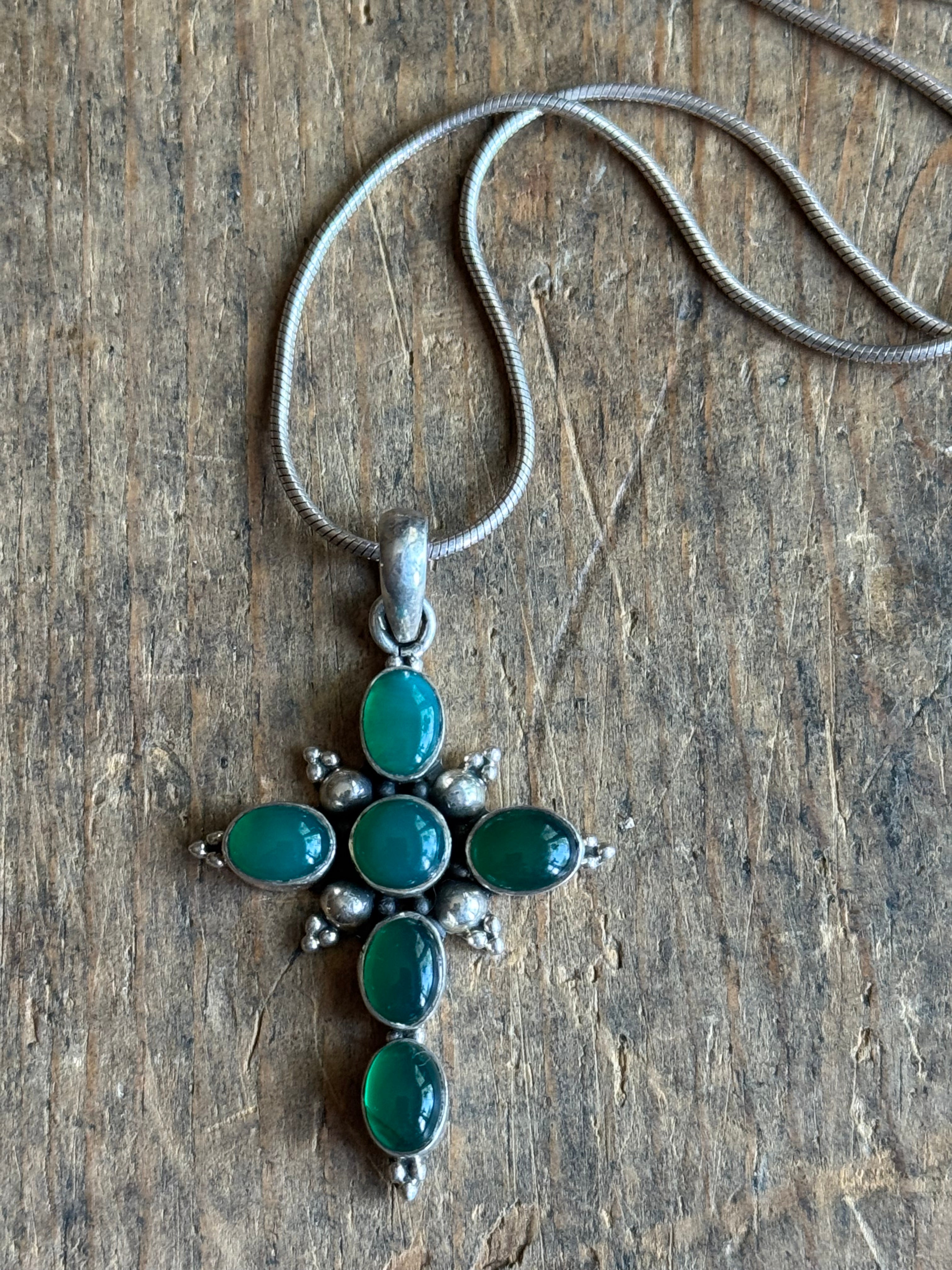 Vintage Sterling Silver Green Glass Cross Necklace