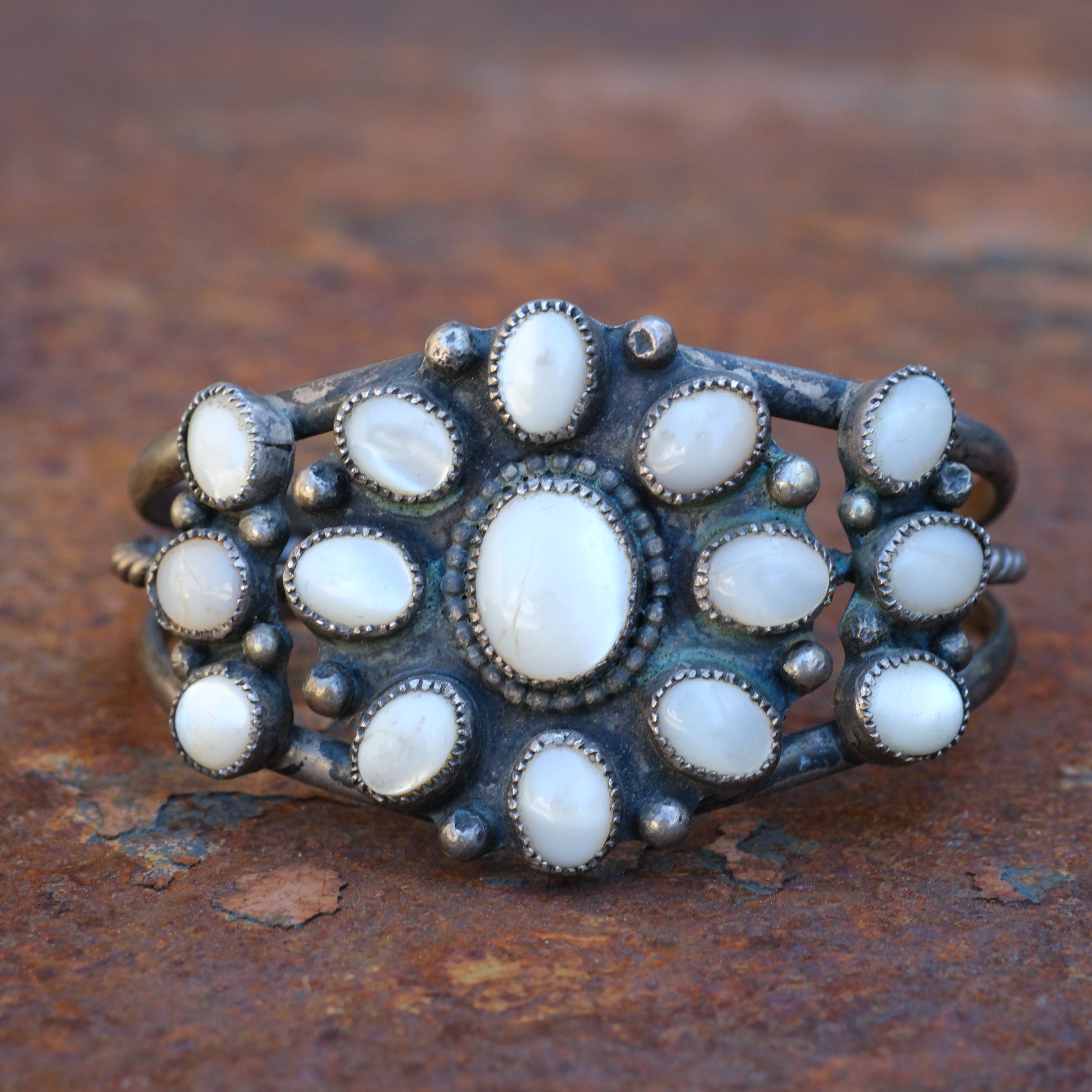 Vintage Sterling Mother Of Pearl Cluster Bracelet