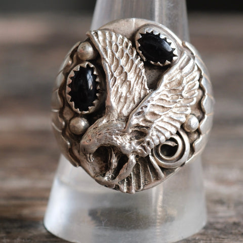 Vintage Sterling 2-Stone Onyx Eagle Ring 10.75