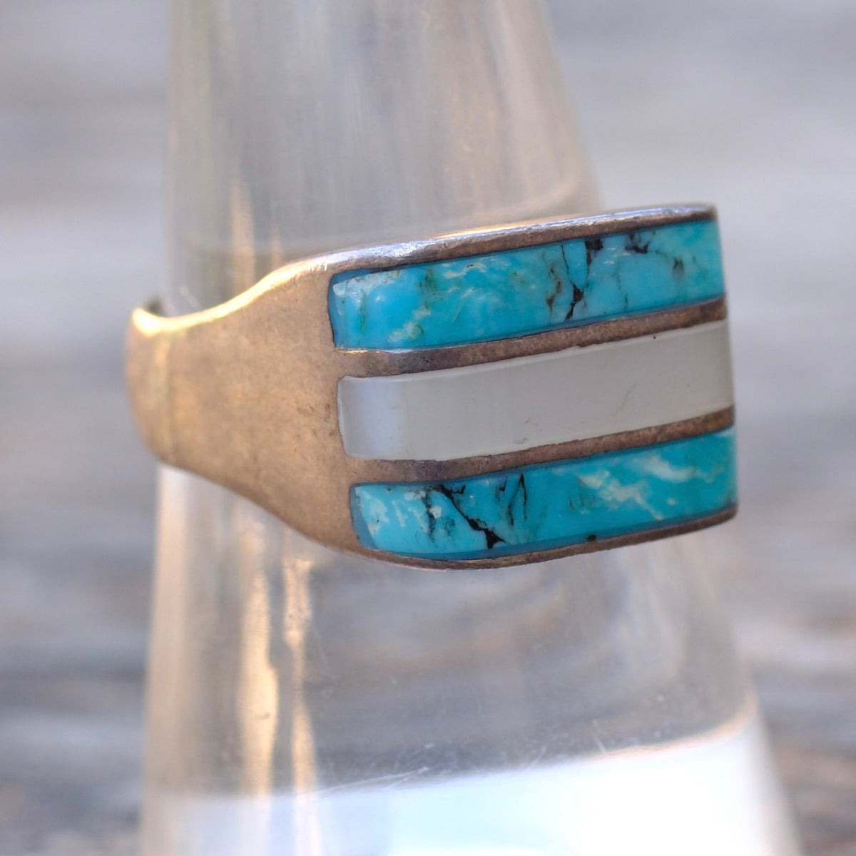 Vintage Sterling Turquoise and Mother Of Pearl Inlay Ring 8.75
