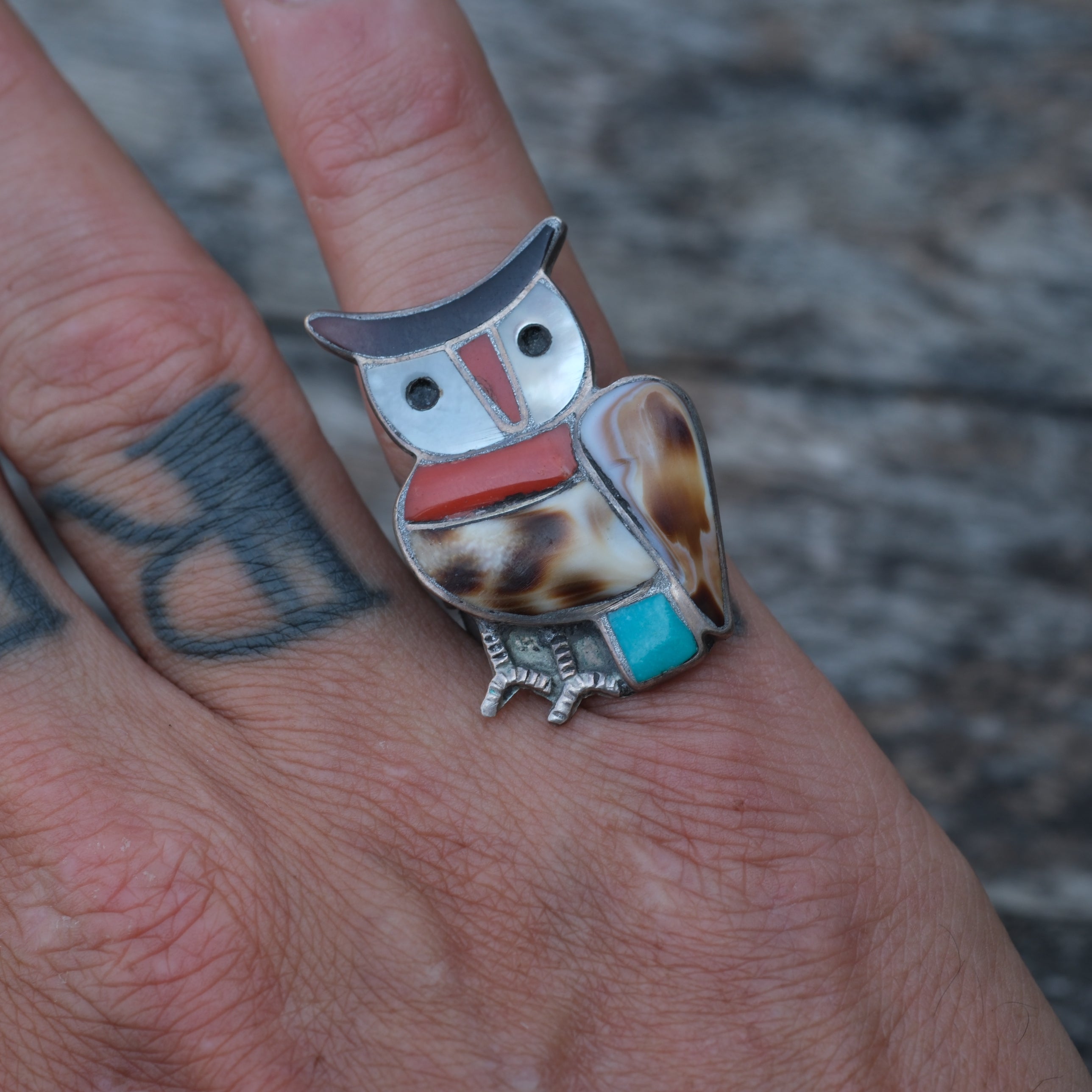 Vintage Sterling Multistone Inlay Owl Ring 7.75