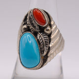 Vintage Sterling Turquoise and Coral Feather Ring 9.25