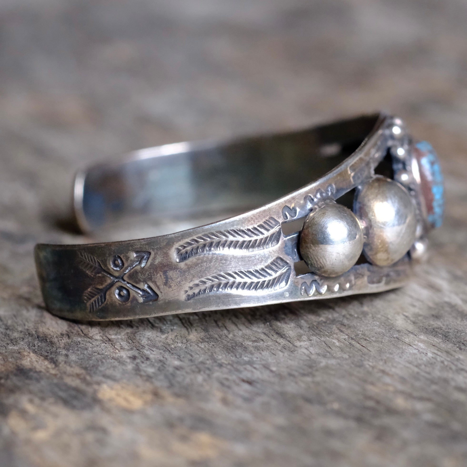 Vintage Fred Harvey Era Sterling Turquoise Stamped Cuff bracelet