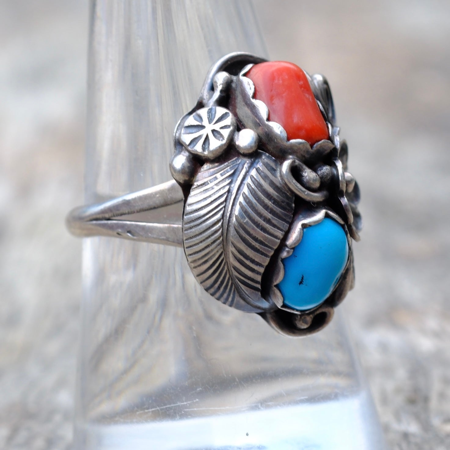 Vintage Sterling Silver Coral & Turquoise Flower Leaf Ring 8.5