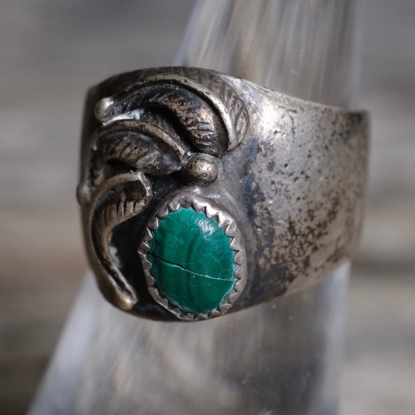 Vintage Sterling Malachite Feather Cigar Band Ring 6.5