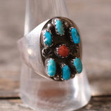 Vintage Sterling Old Pawn Turquoise and Coral Cluster Ring 10.5