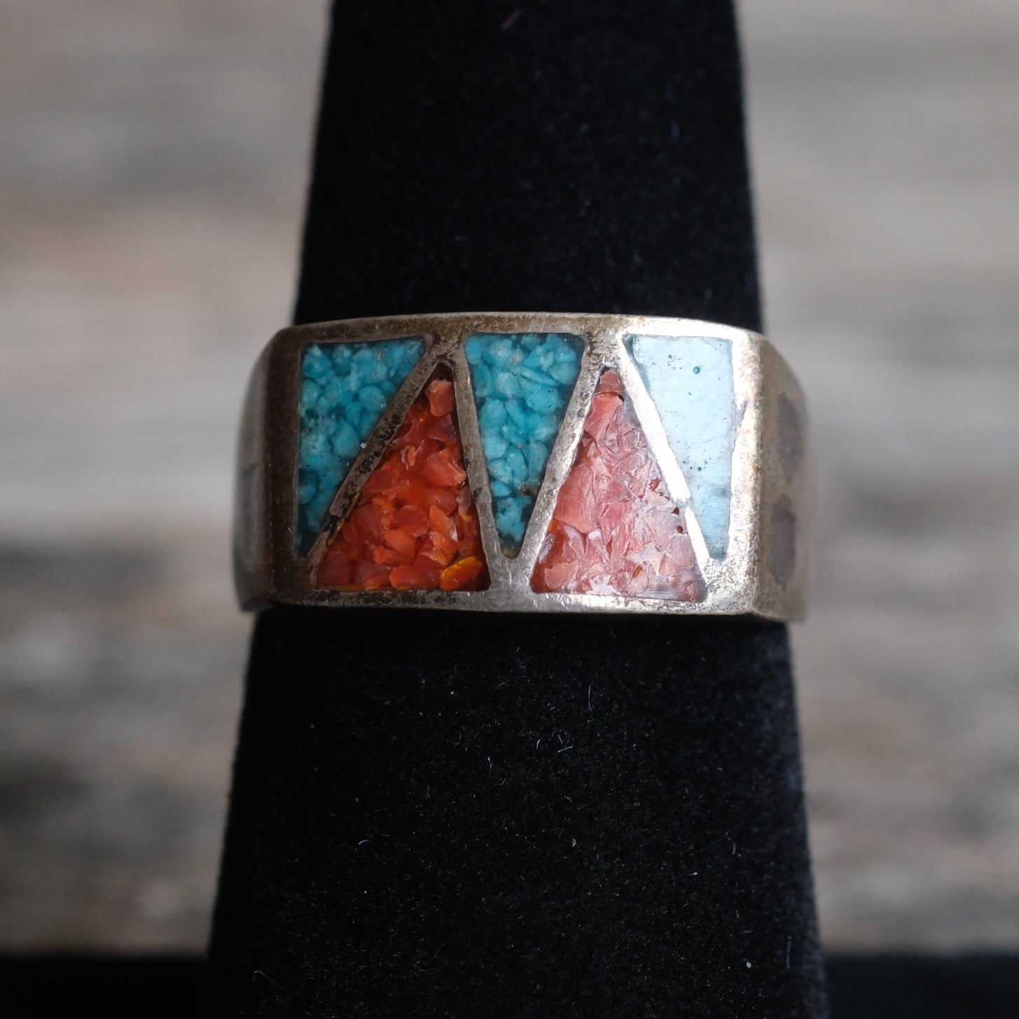Vintage Sterling Turquoise and Coral Inlay Ring 7