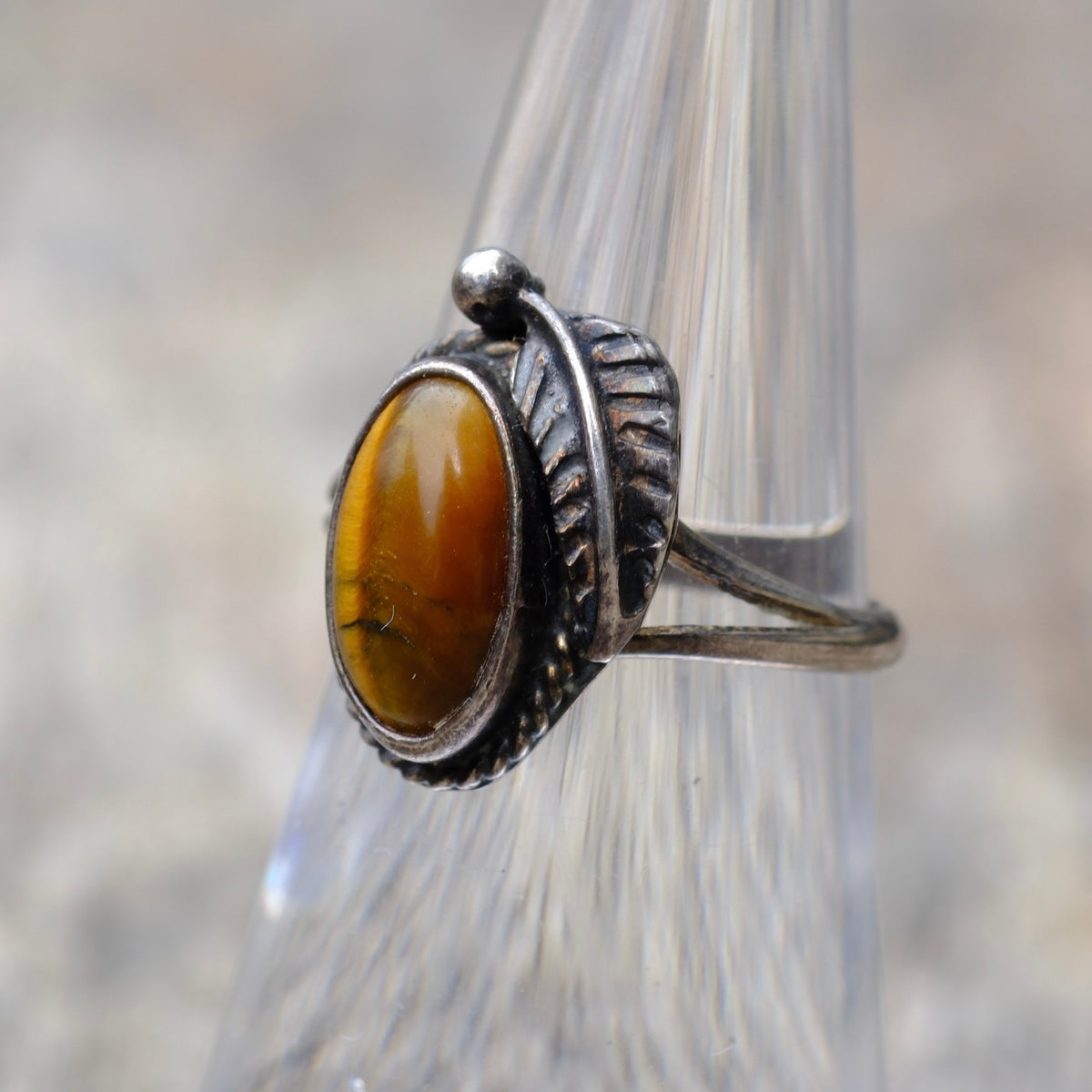 Vintage Sterling Tigers Eye Feather Ring 5.25