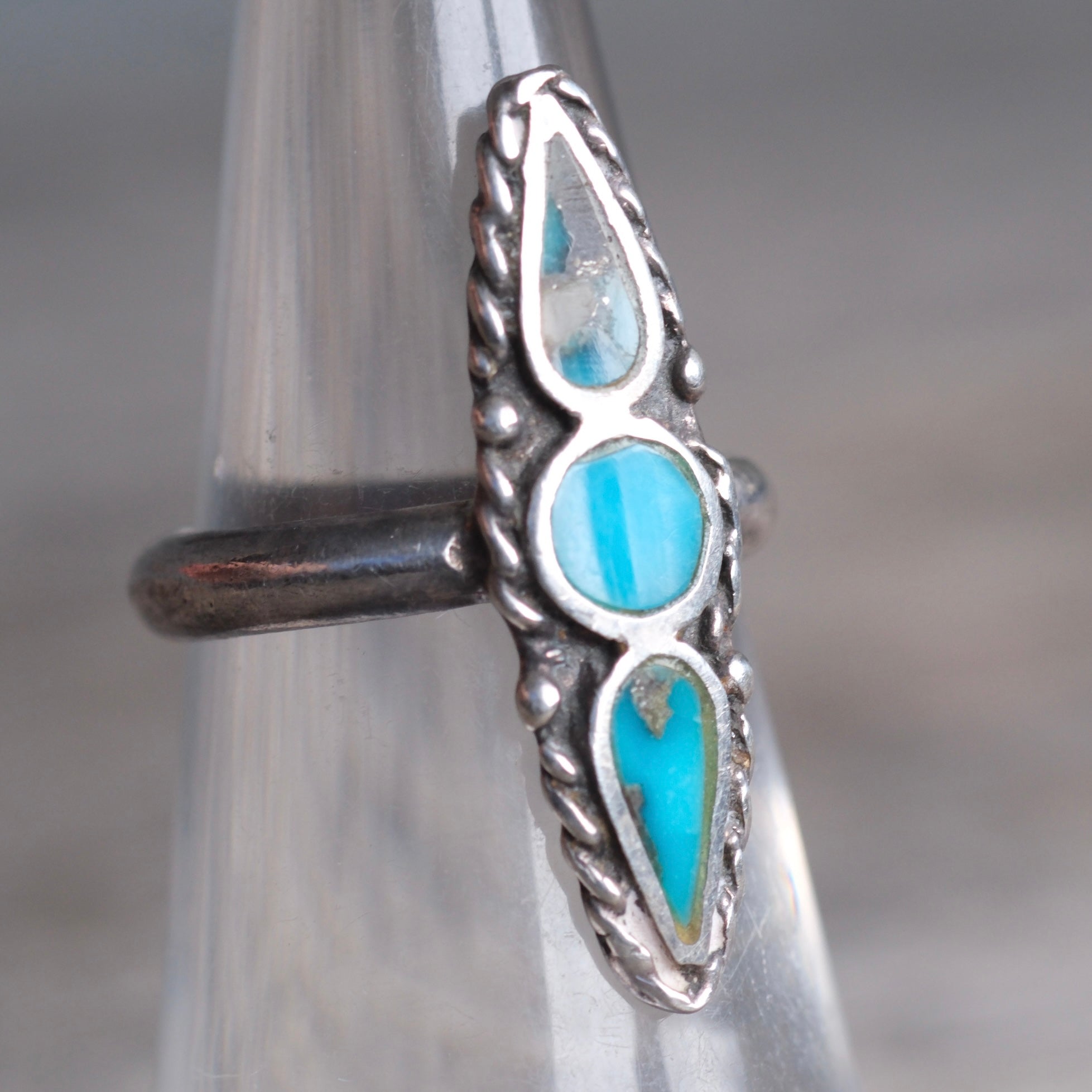 Vintage Sterling Turquoise Inlay Roper Ring 5