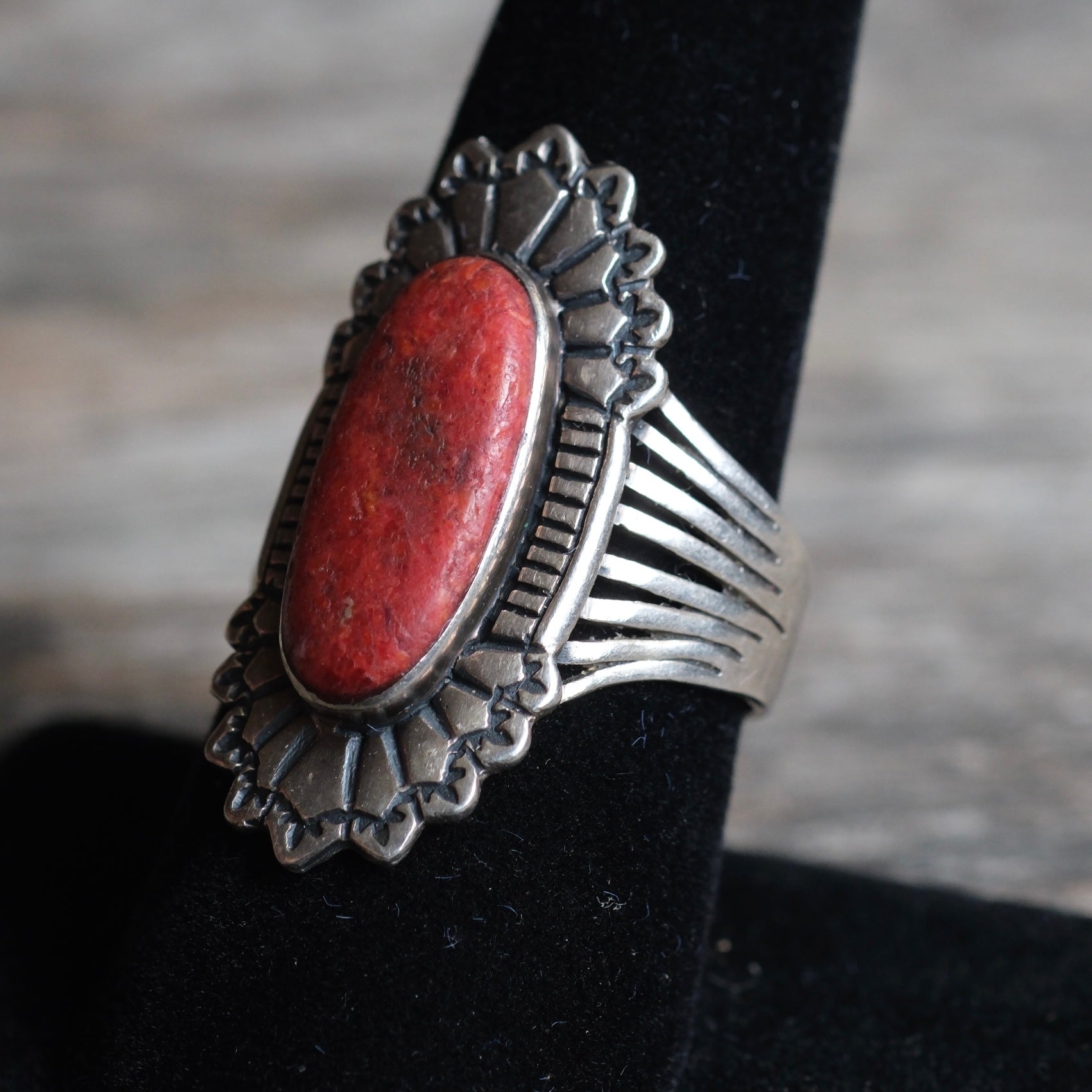 Vintage Sterling Red Jasper Concho Ring 8.5