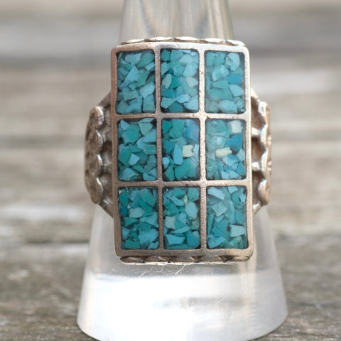 Vintage Sterling Crushed Turquoise Inlay Panel Ring 10.5