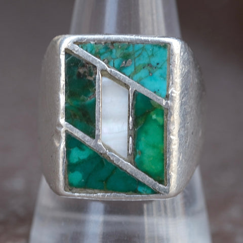 Vintage Sterling Turquoise and Mother of Pearl Inlay Ring 10.5