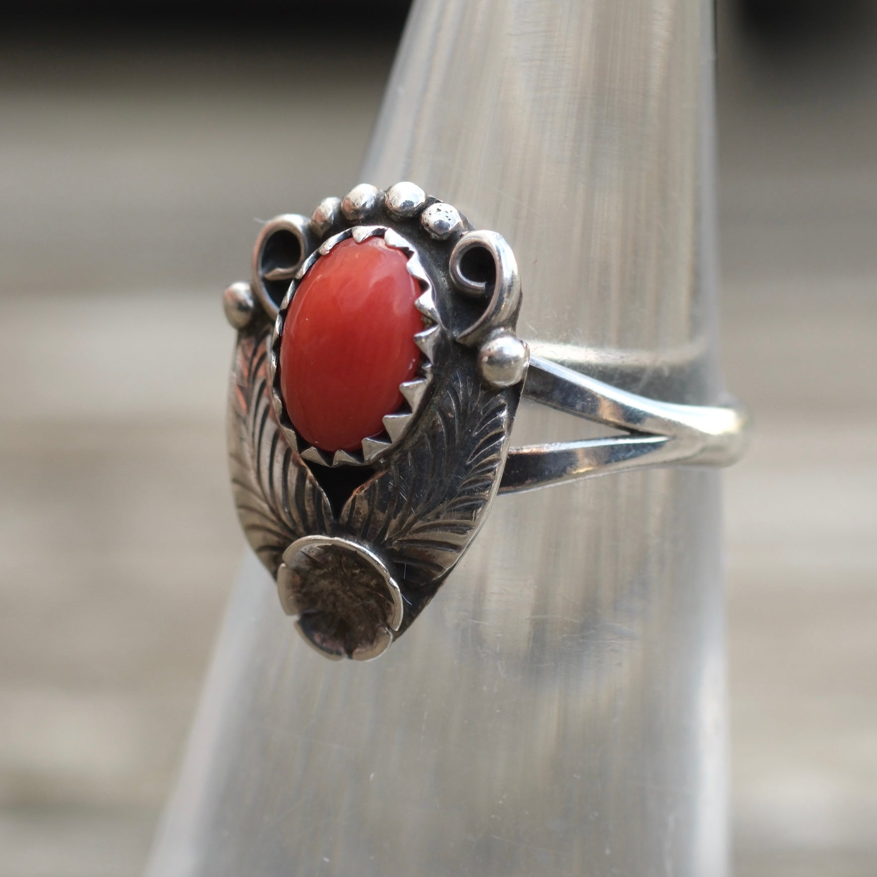 Vintage Sterling Coral Feather Ring 4