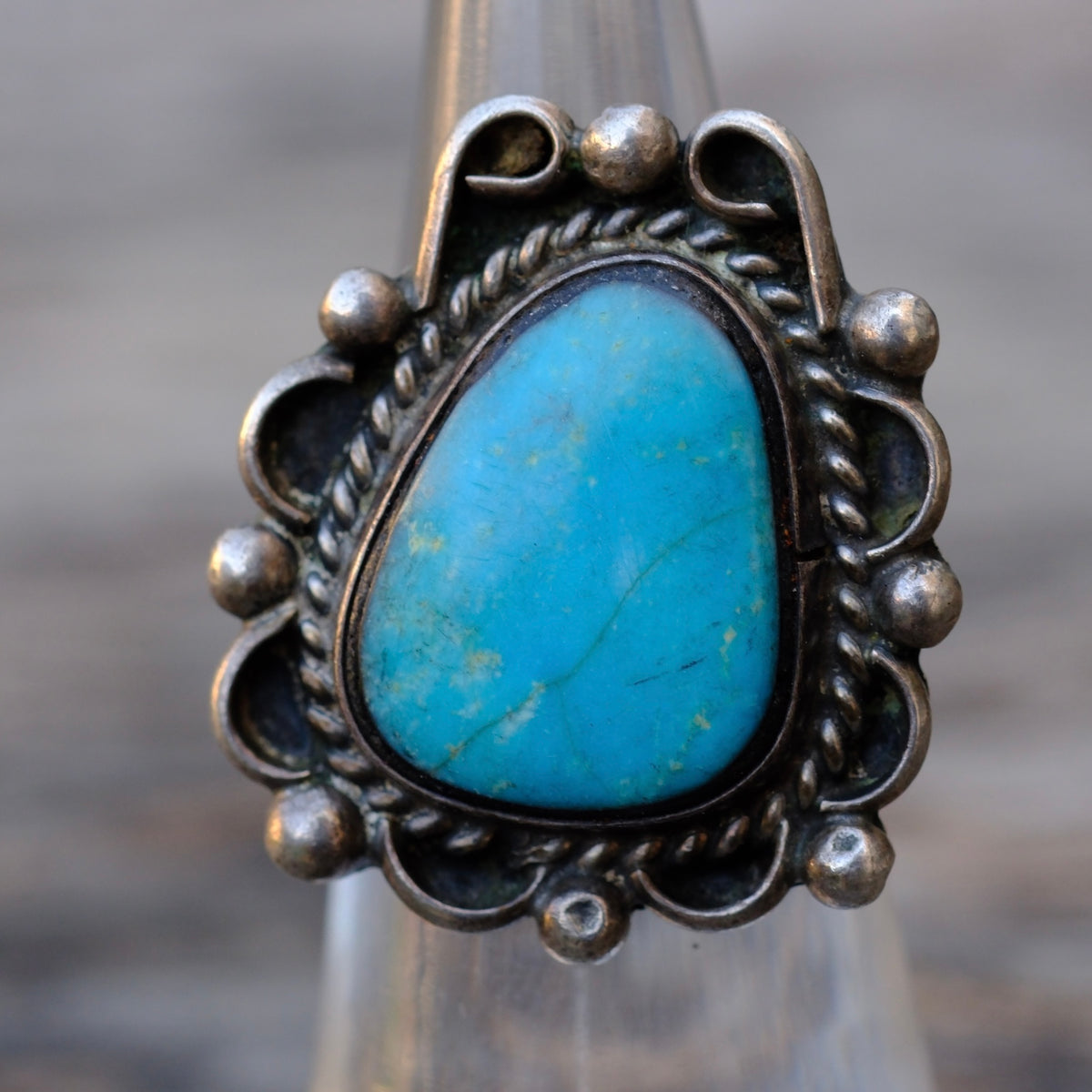 Vintage Sterling Turquoise Florette Ring 4.25