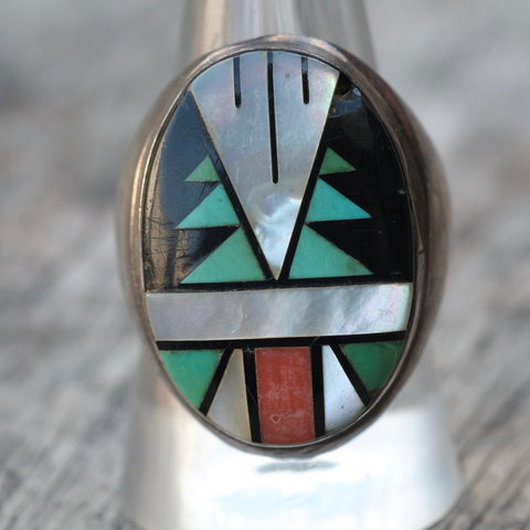 Vintage Sterling Zuni Inlay Ring 10.25