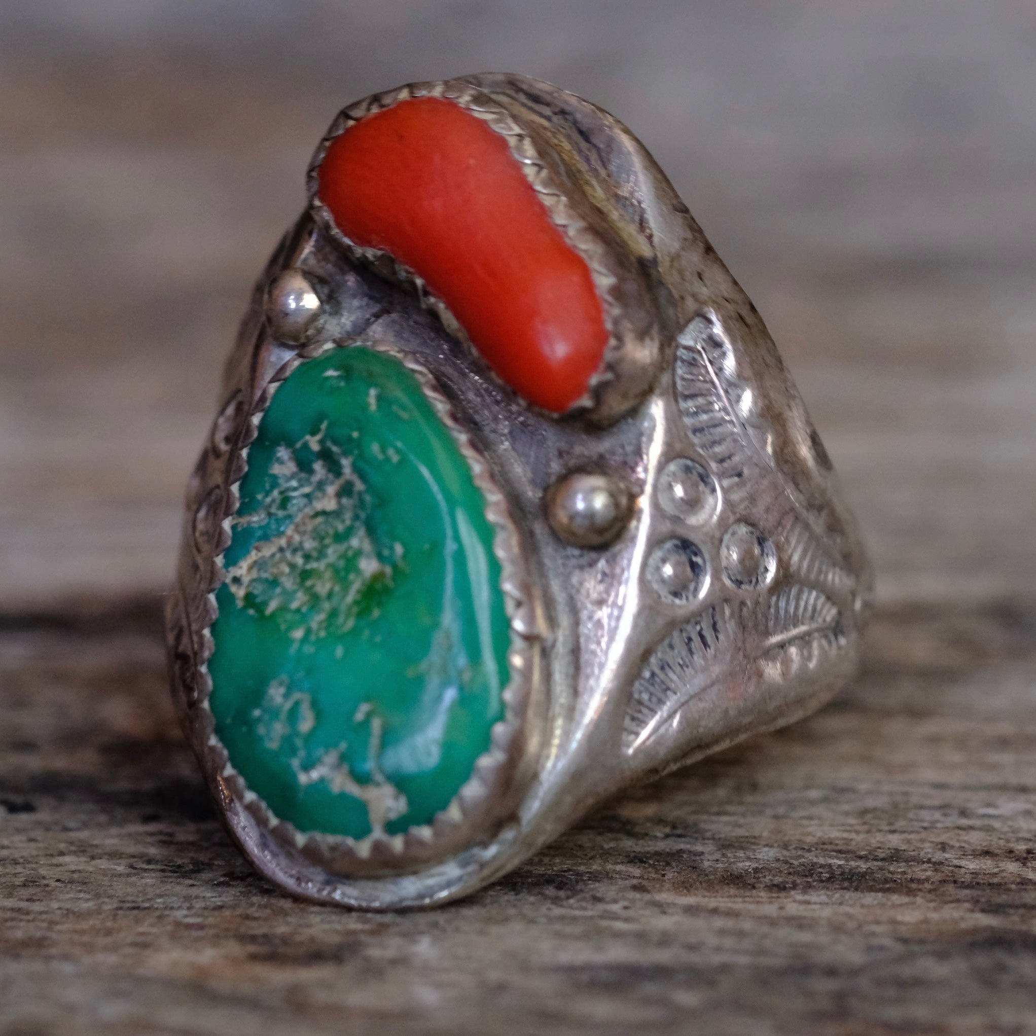 Vintage Sterling Turquoise and Coral Stamped Band Ring 11