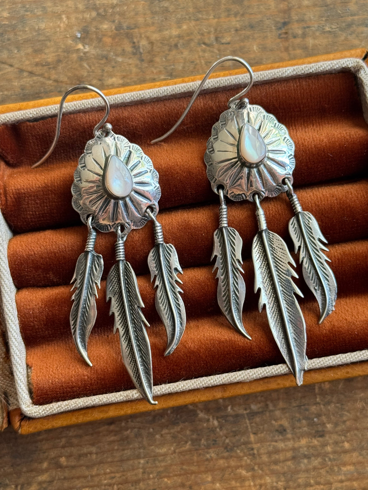 Vintage Sterling Silver Mother of Pearl Feather Concho Earrings