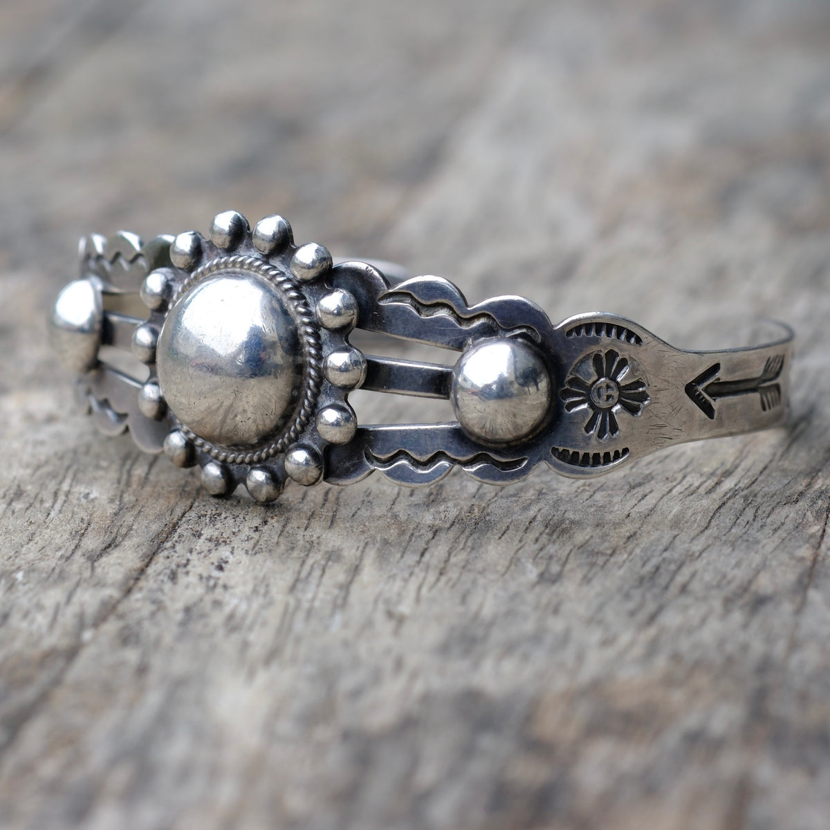 Vintage Sterling Silver Stamped and Domed Cuff Bracelet