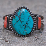 Vintage Sterling Turquoise and Coral Cuff