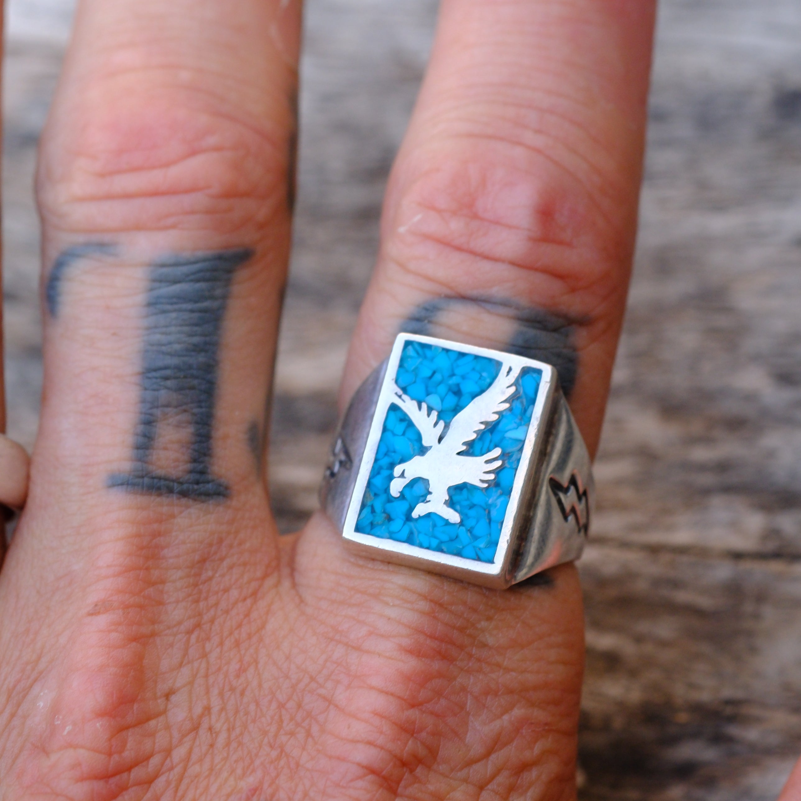 Vintage Sterling Turquoise Eagle Ring 9.5