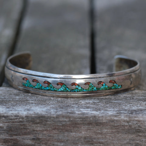 Vintage Sterling Turquoise and Coral Inlay Wave Cuff